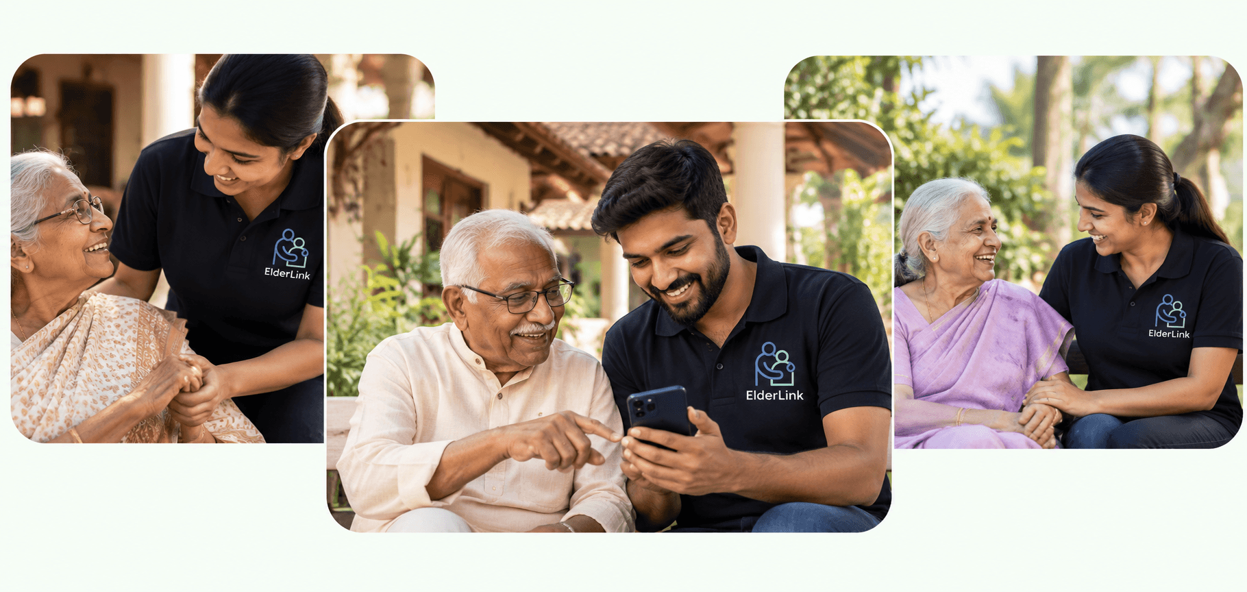 ElderLink caretakers spending time with elderly parents — holding hands, sharing a smile, and helping with a phone